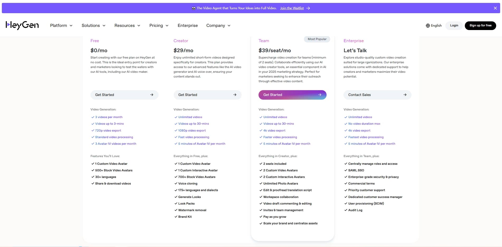 Heygen Pricing Page